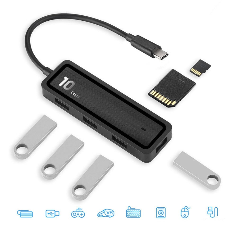 HU-002 Type C Hub Adapter 10Gbps High Speed Transmission Converter to 4xUSB 3.2 Ports and 2 Card Reader Slots Suitable for Computers Laptops