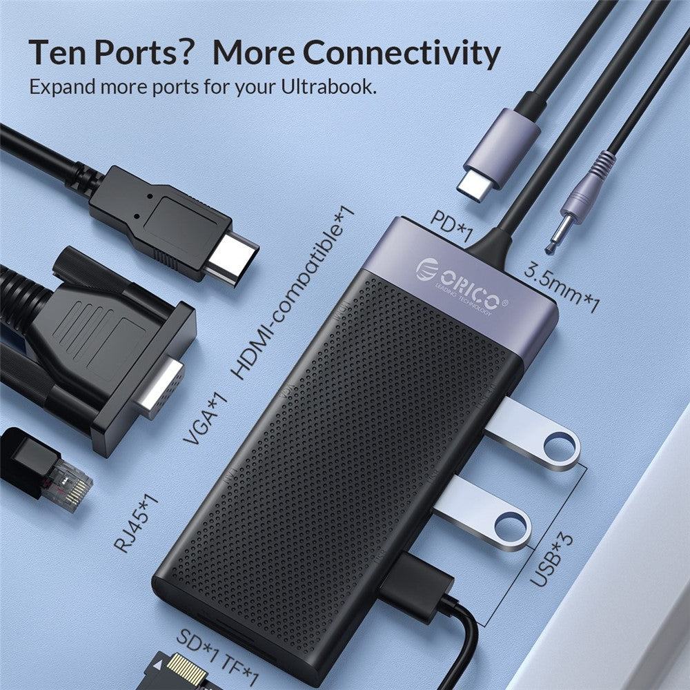 ORICO MDK-10P 10 in 1 Type C USB 3.0 HUB Dock Station to HD-compatible RJ45 PD SD Reader Charger Power Adapter for Laptop MacBook Pro Splitter