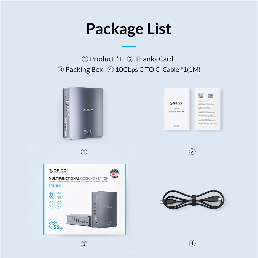 ORICO CDH-15N 15-in-1 Type-C Docking Station Multifunctional Aluminum Alloy USB-C Hub with HD / RJ45 / Audio / PD 100W Output Interfaces