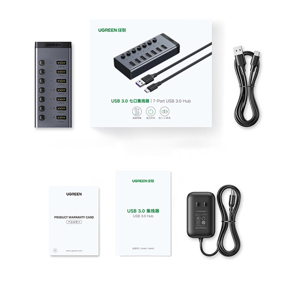 UGREEN CM481 USB 3.0 Splitter Docking Station 7-Port USB Hub Adapter with Extension Cable (CN Plug)
