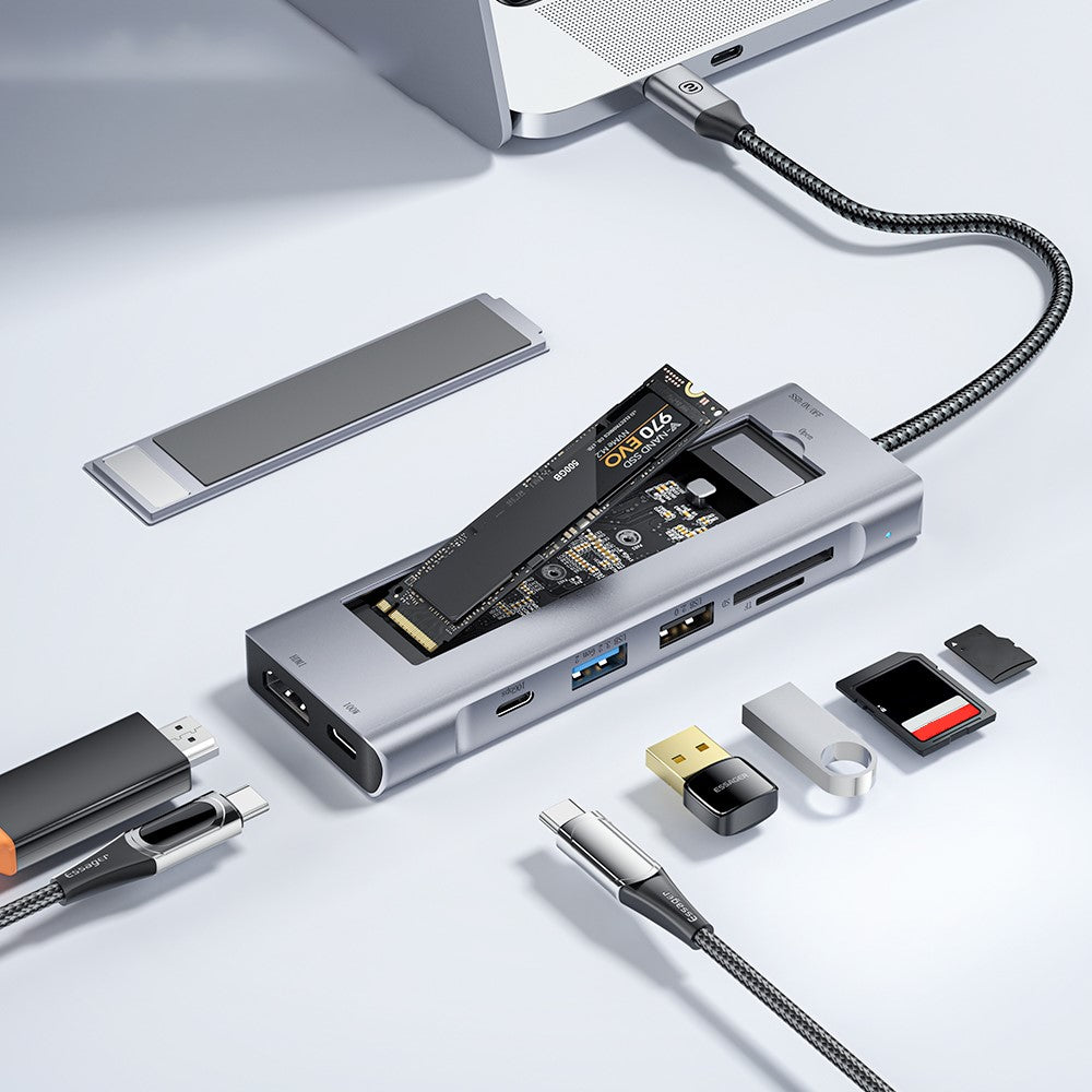 ESSAGER 8-In-1 Type-C Hub to HD 4K Output, PD 100W Port, 10Gbps Type-C, USB 3.2, USB 2.0, 2 Card Reader Slots and SSD Slot