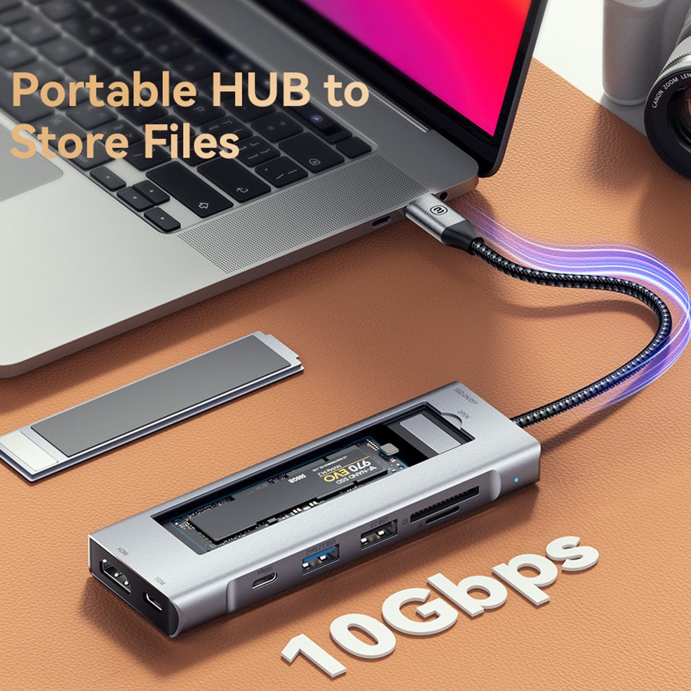 ESSAGER 8-In-1 Type-C Hub to HD 4K Output, PD 100W Port, 10Gbps Type-C, USB 3.2, USB 2.0, 2 Card Reader Slots and SSD Slot