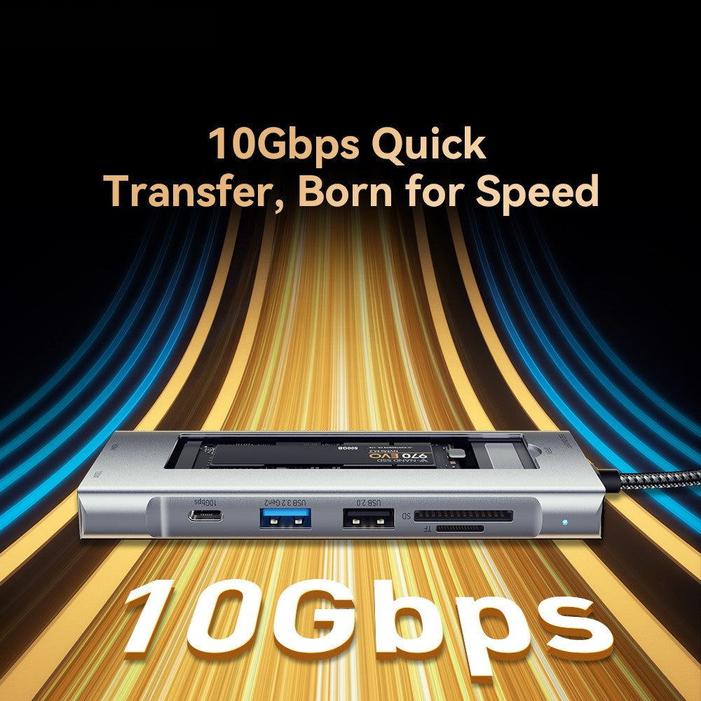 ESSAGER 8-In-1 Type-C Hub to HD 4K Output, PD 100W Port, 10Gbps Type-C, USB 3.2, USB 2.0, 2 Card Reader Slots and SSD Slot