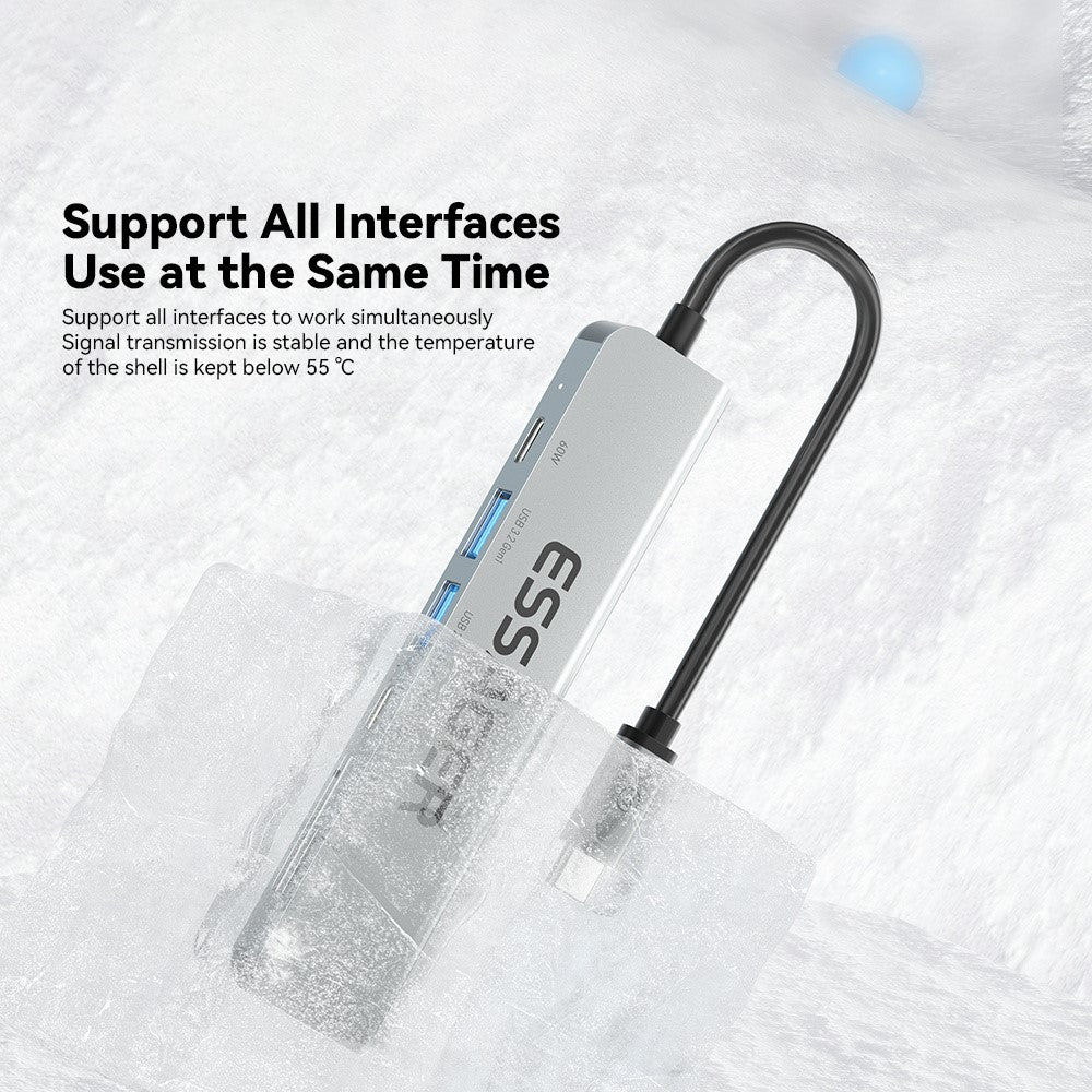 ESSAGER Type-C Hub Converter to PD 60W Fast Charging+Type-C Data Port+USB 3.2+USB 2.0+HD Video Output+2 Card Reader Slots
