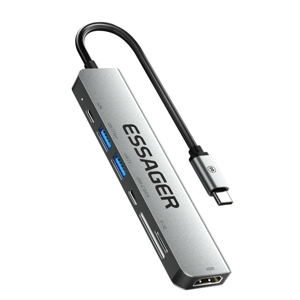 ESSAGER Type-C Hub Converter to PD 60W Fast Charging+Type-C Data Port+USB 3.2+USB 2.0+HD Video Output+2 Card Reader Slots