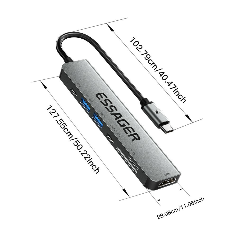 ESSAGER Type-C Hub Converter to PD 60W Fast Charging+Type-C Data Port+USB 3.2+USB 2.0+HD Video Output+2 Card Reader Slots