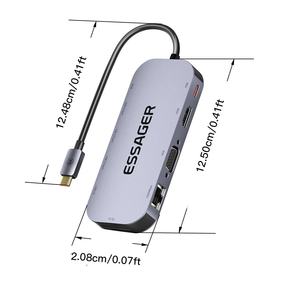 ESSAGER 11-in-1 Multi-Port USB Hub 4K HD PD 100W Fast Charging Docking Station Support TF / SD Card Reader