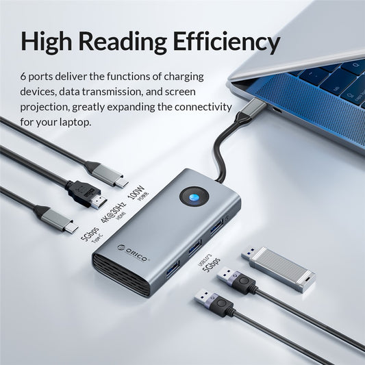 ORICO PW11-6P Portable 6 in 1 Docking Station 4K Video PD 100W Charging Multifunctional Type-C Hub