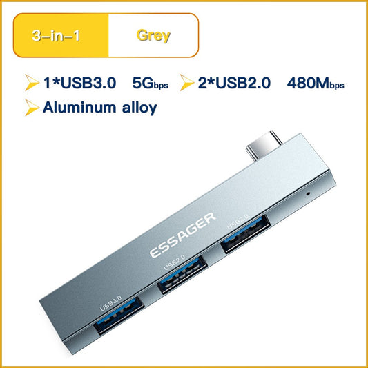 ESSAGER 3-in-1 USB Hub Splitter 1 USB3.0 + 2 USB2.0 Ports Aluminum Alloy Adapter for Type-C Tablet Laptop