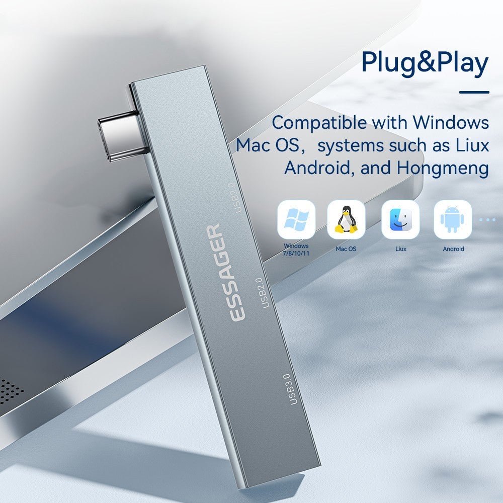 ESSAGER 3-in-1 USB Hub Splitter 1 USB3.0 + 2 USB2.0 Ports Aluminum Alloy Adapter for Type-C Tablet Laptop