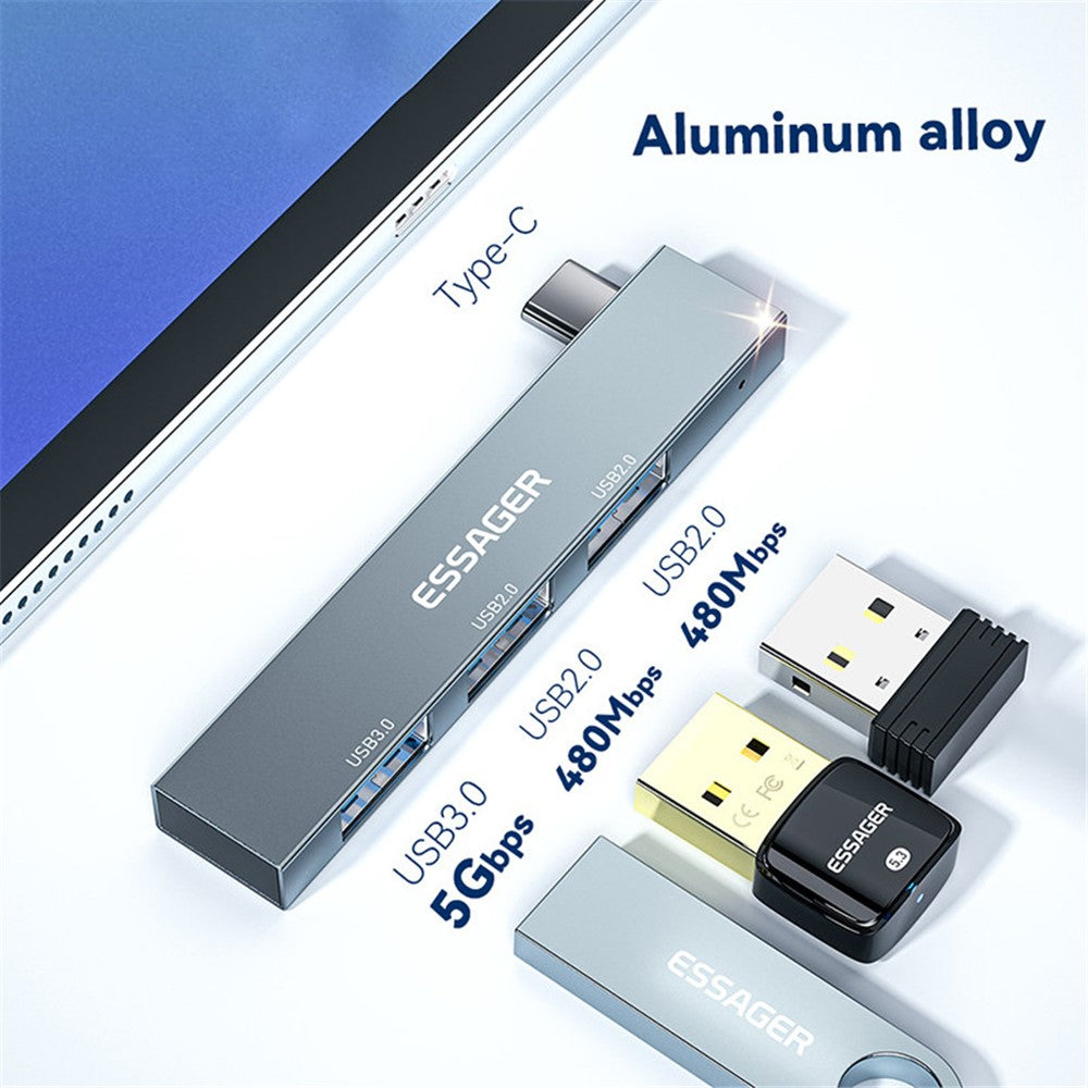 ESSAGER 3-in-1 USB Hub Splitter 1 USB3.0 + 2 USB2.0 Ports Aluminum Alloy Adapter for Type-C Tablet Laptop