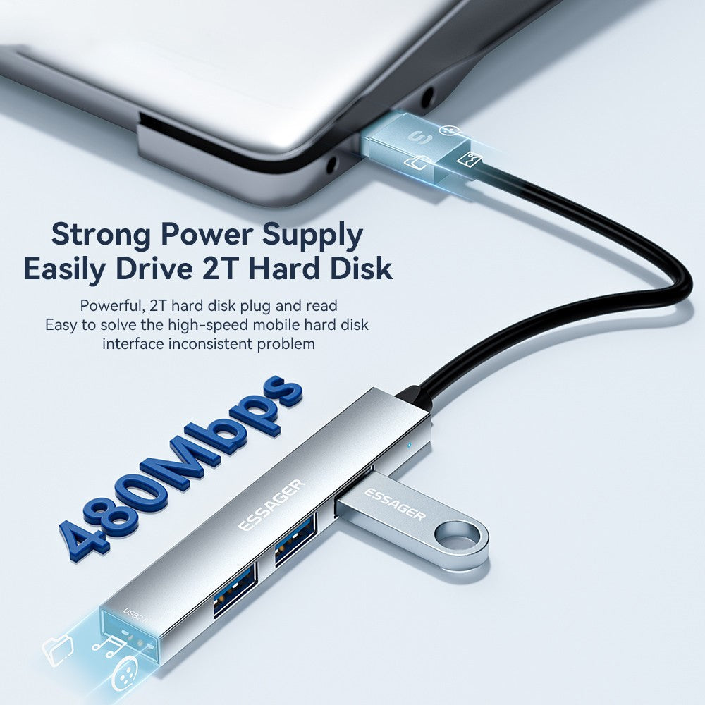 ESSAGER 4-in-1 USB Hub 4 USB2.0 Ports Splitter Tablet Laptop Aluminum Alloy Adapter