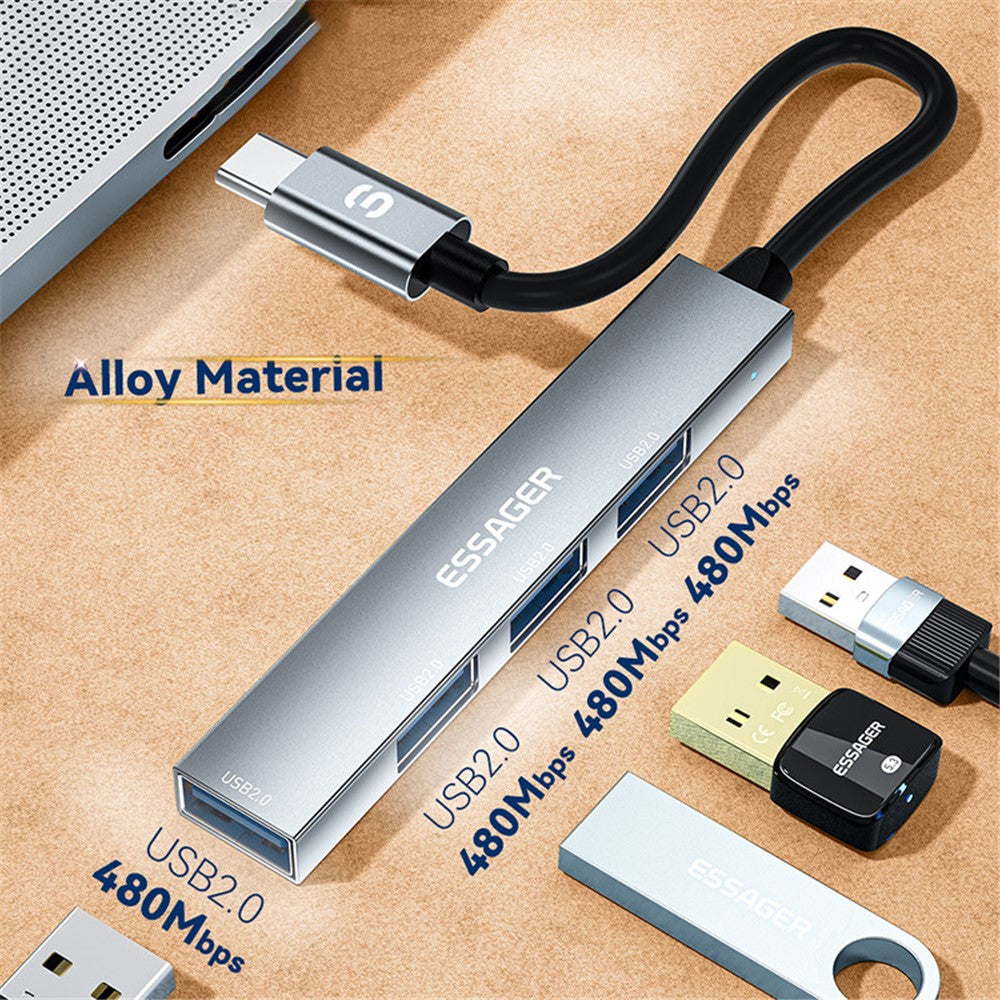 ESSAGER 4-in-1 USB Hub 4 USB2.0 Ports Splitter Tablet Laptop Aluminum Alloy Adapter