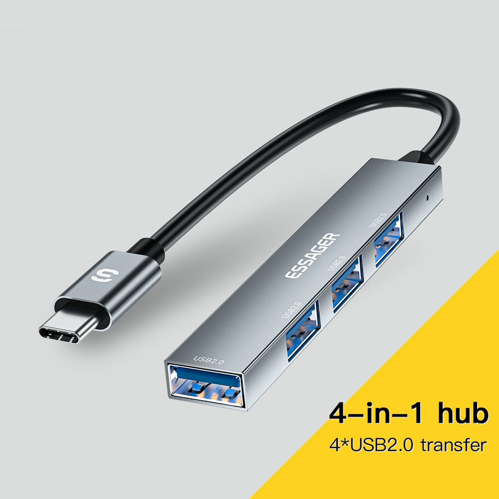 ESSAGER 4-in-1 USB Hub 4 USB2.0 Ports Splitter Tablet Laptop Aluminum Alloy Adapter