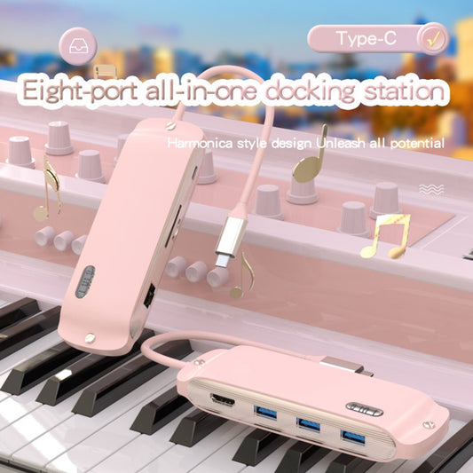 BS8H Type-C Hub Converter to PD+USB 3.0+2xUSB 2.0+HD Video Output Port+2 Card Reader Slots+RJ45