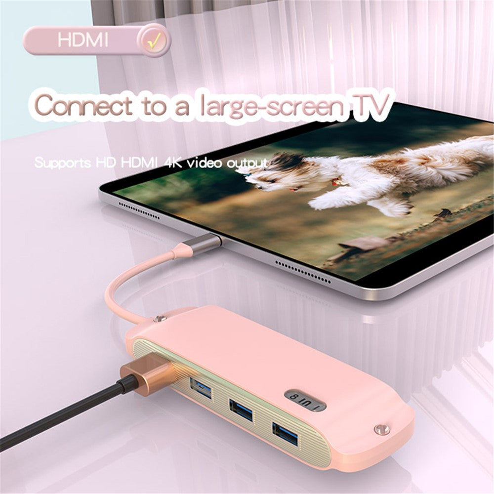 BS8H Type-C Hub Converter to PD+USB 3.0+2xUSB 2.0+HD Video Output Port+2 Card Reader Slots+RJ45