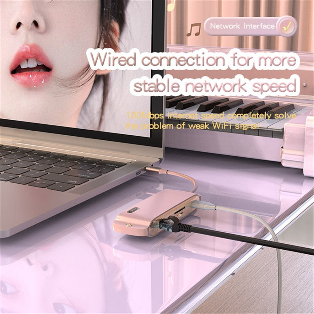 BS8H Type-C Hub Converter to PD+USB 3.0+2xUSB 2.0+HD Video Output Port+2 Card Reader Slots+RJ45