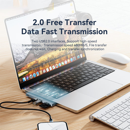 ESSAGER For MacBook Laptop 5-Port Type-C Hub Dock Adapter to PD 100W Fast Charging+2xUSB 2.0+2 Card Reader Slots