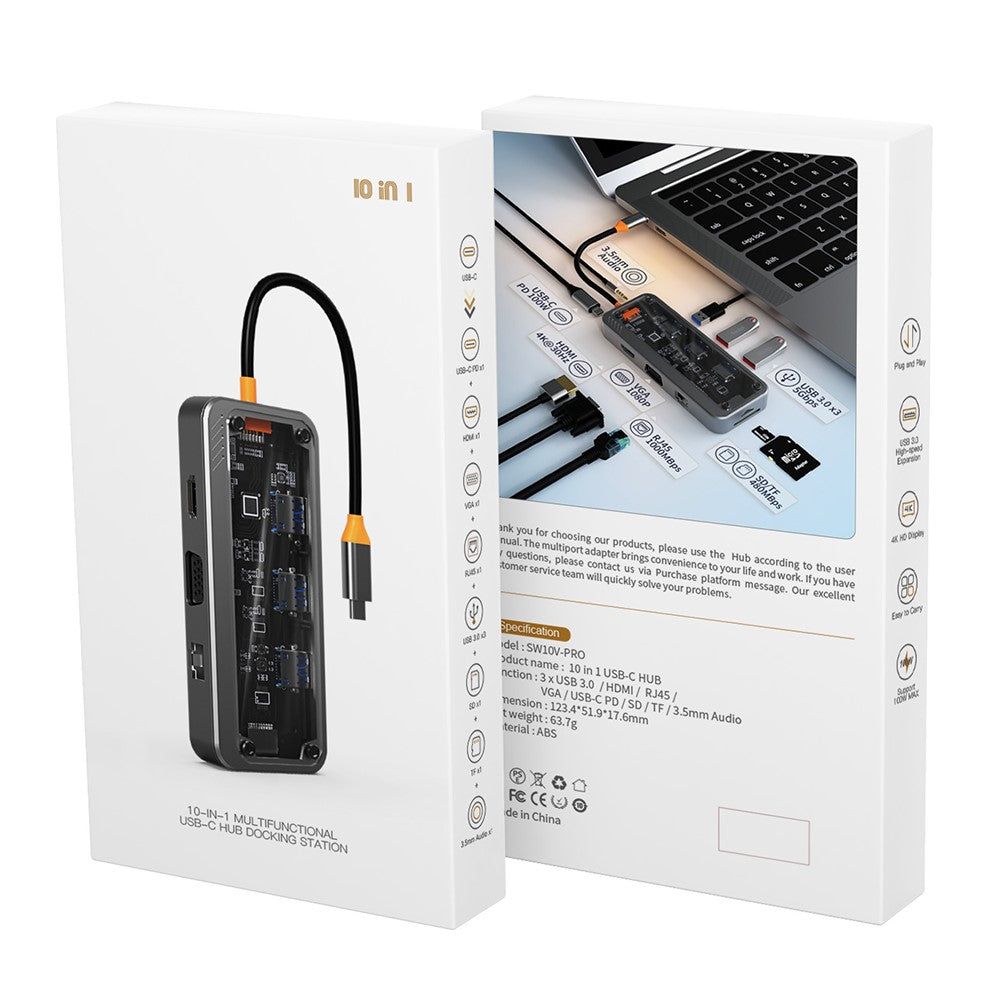 SW10V-Pro 10-in-1 Docking Station Dongle Type-C to PD+HD+USB3.0x3+SD+TFRJ45+VGA+3.5mm Audio Hub