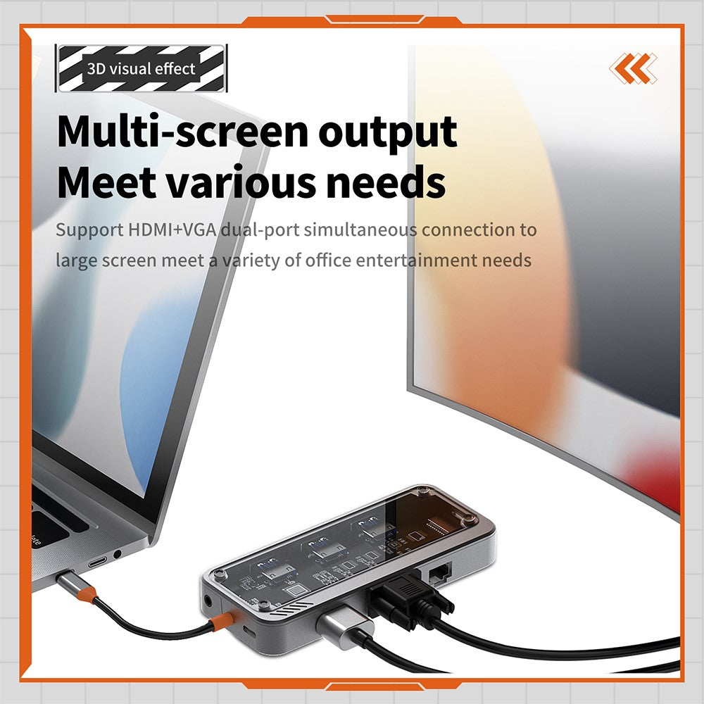 SW10V-Pro 10-in-1 Docking Station Dongle Type-C to PD+HD+USB3.0x3+SD+TFRJ45+VGA+3.5mm Audio Hub