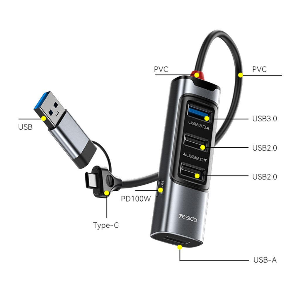 YESIDO HB20 USB + Type C Hub Adapter Converter with USB 3.0 + 3xUSB 2.0 + PD 100W USB-C Ports