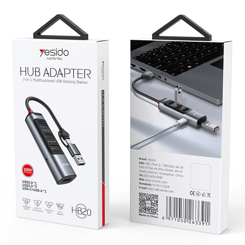 YESIDO HB20 USB + Type C Hub Adapter Converter with USB 3.0 + 3xUSB 2.0 + PD 100W USB-C Ports