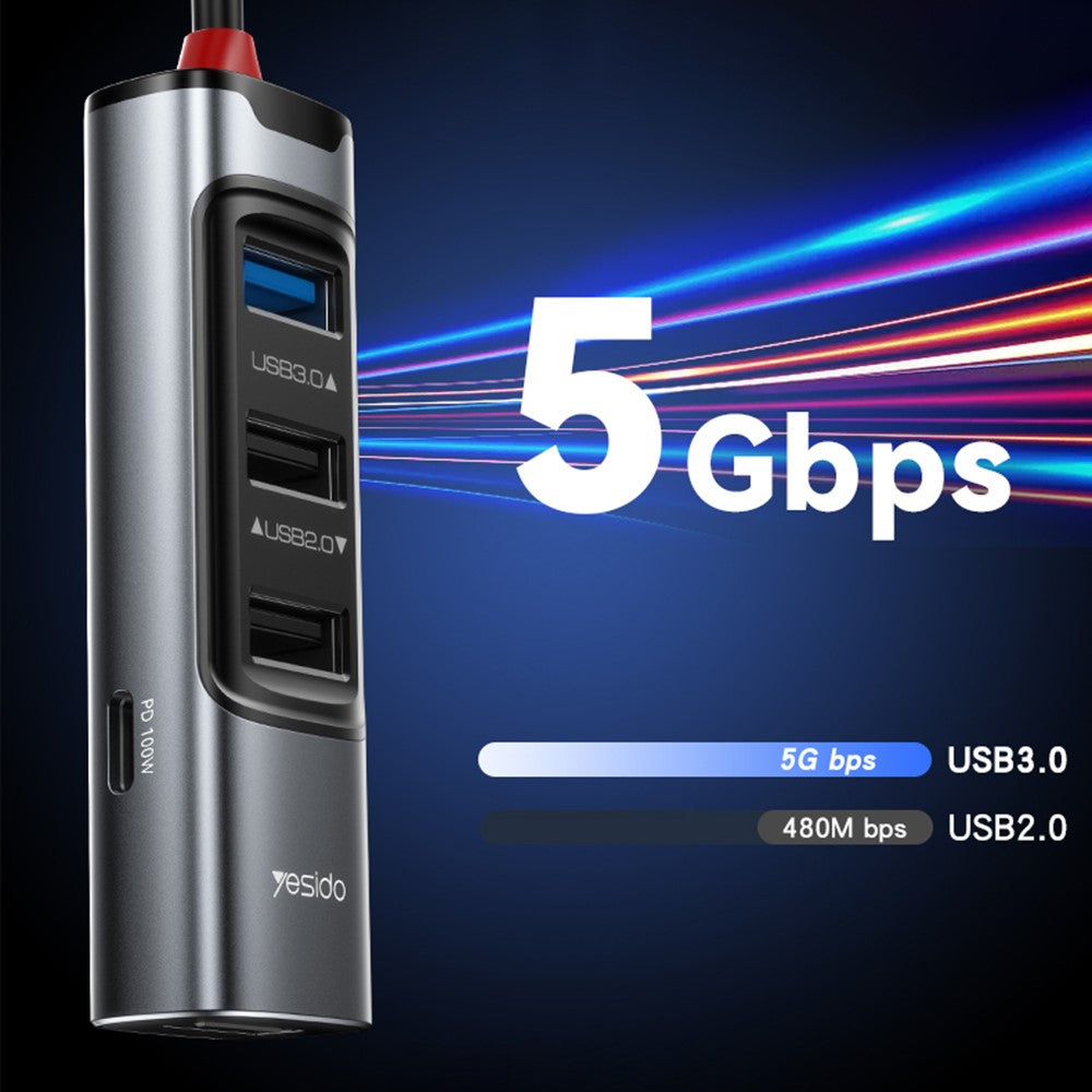 YESIDO HB20 USB + Type C Hub Adapter Converter with USB 3.0 + 3xUSB 2.0 + PD 100W USB-C Ports
