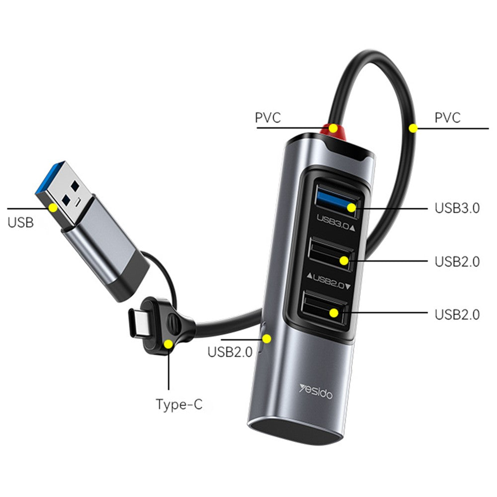 YESIDO HB19 USB + Type C Hub Adapter Converter to USB 3.0 + 2xUSB 2.0 + PD 2.0 USB-C