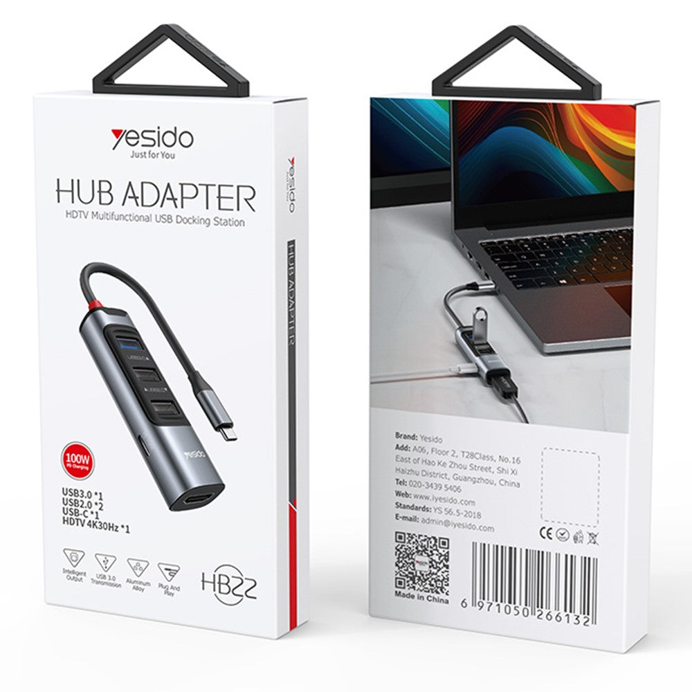 YESIDO HB22 5-in-1 Docking Station Multi Port Type-C Hub Adapter Support PD 100W, USB3.0, 2 USB2.0, HD