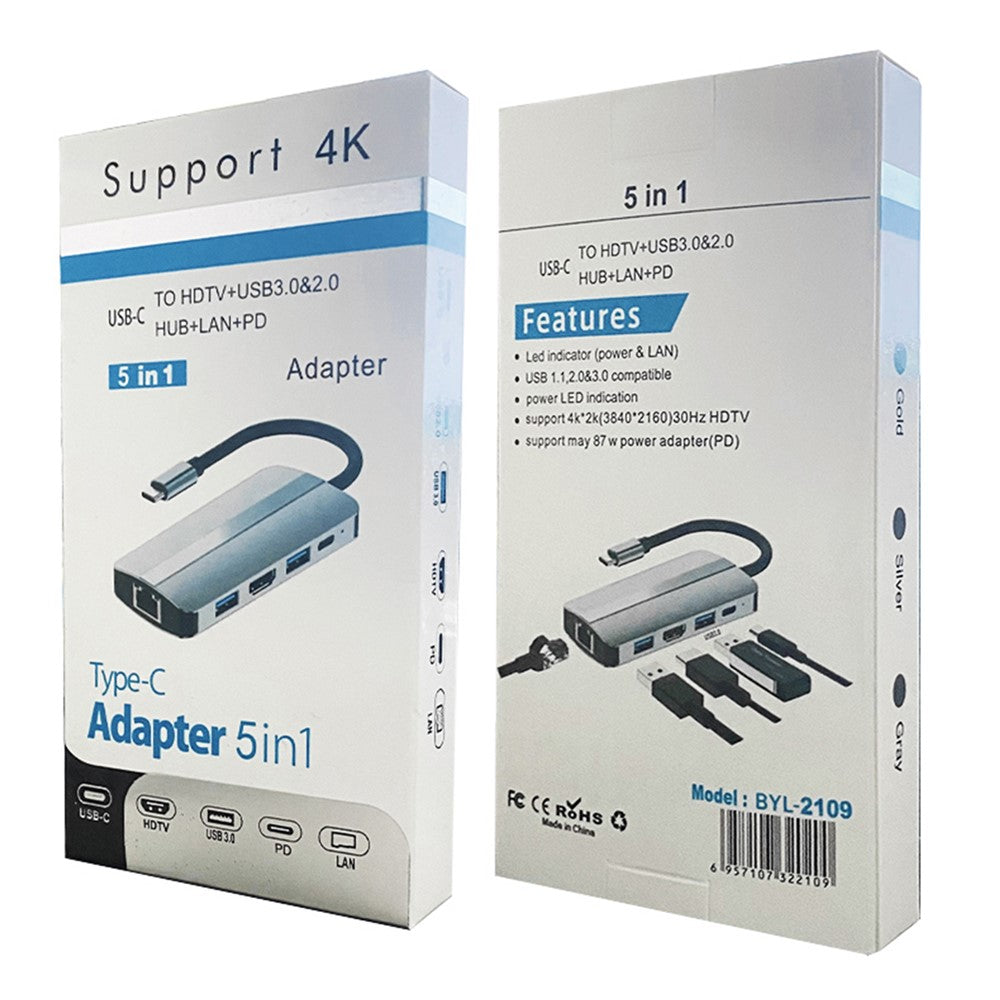 2109 5-in-1 Docking Station Type-C to HDTV+USB3.0 / 2.0+HUB+LAN+PD Adapter