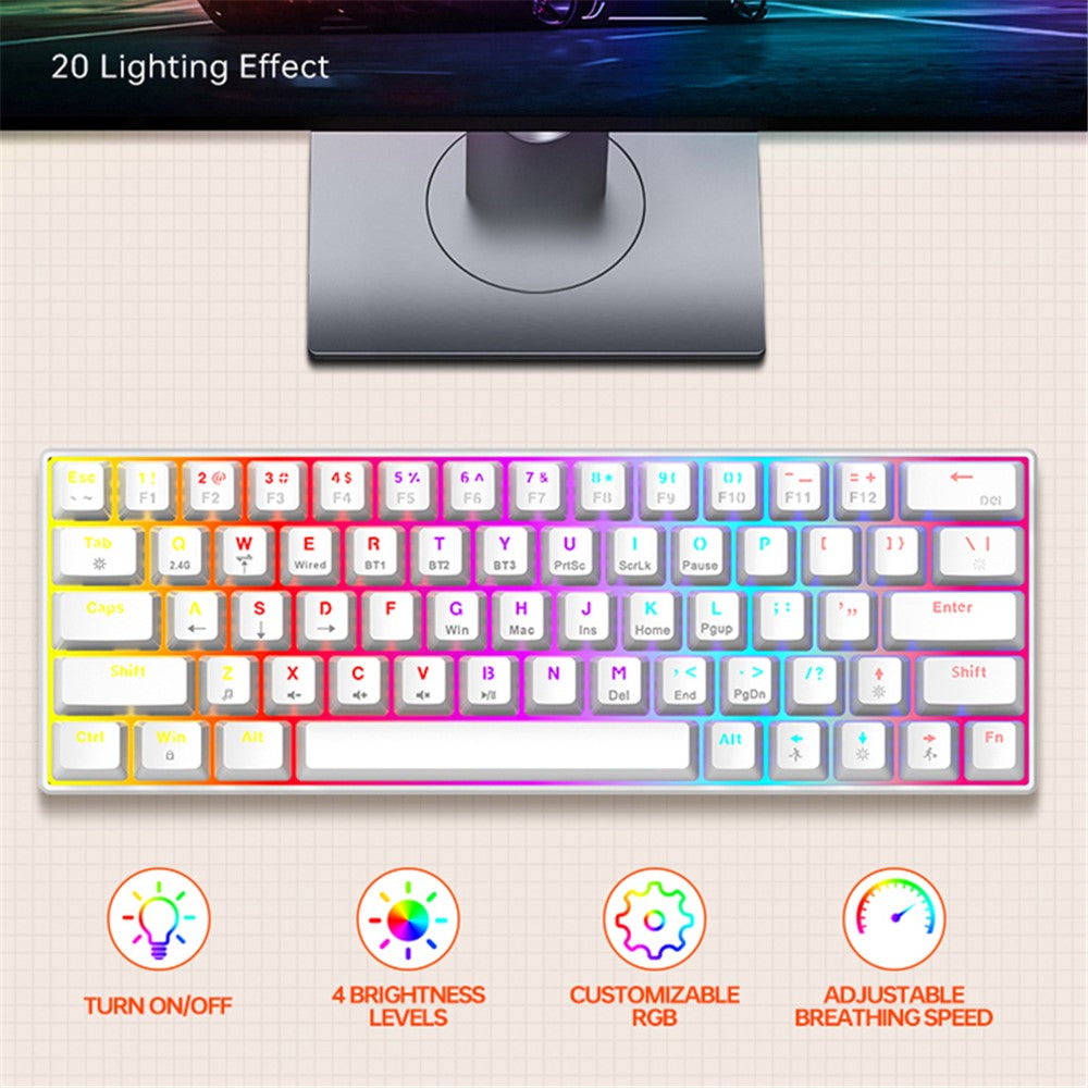 T-WOLF T30 Mechanical Keyboard Wired + Wireless + Bluetooth-compatible 3-Mode RGB Gaming Keyboard 63 Keys