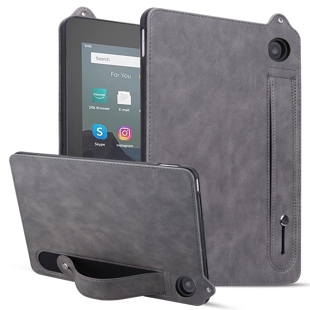 For Amazon Fire 7 (2022) Case Hand Strap Kickstand Leather Tablet Cover