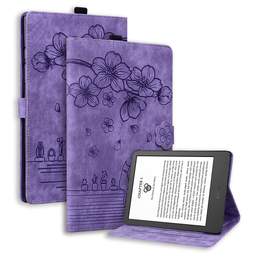 For Amazon Kindle Paperwhite (2024) Case Flip Stand Leather Tablet Cover Cherry Blossom Cat Imprinted