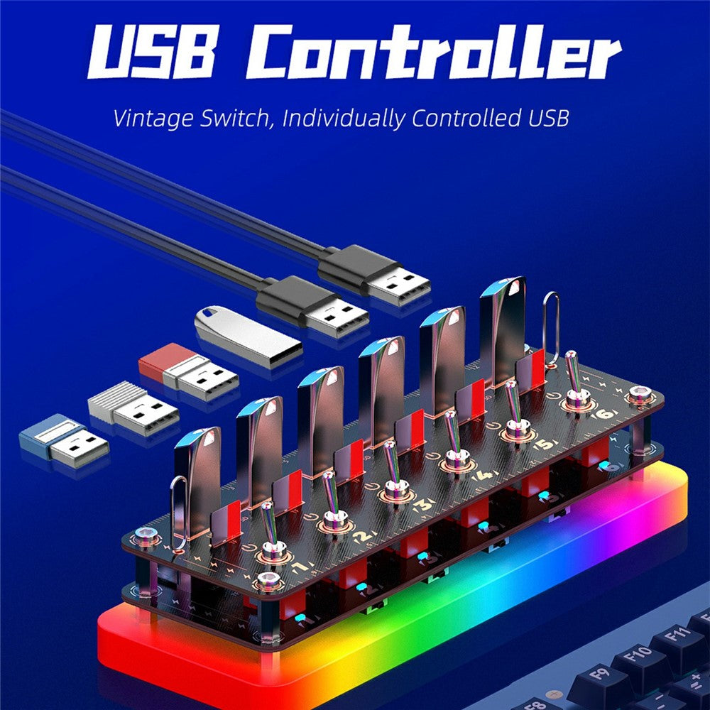 AODUKE Cyberpunk 6 Port USB 2.0 Hub Voice Control Independent Switches USB Expander SD TF Card Storage Rack with RGB Light