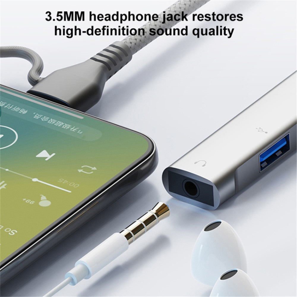 Type-C / 8-Pin 5-in-1 USB Hub Type-C Charging + Type-C Data + 2xUSB + 3.5mm Headphone Jack Adapter