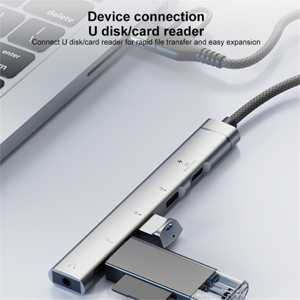 Type-C / 8-Pin 5-in-1 USB Hub Type-C Charging + Type-C Data + 2xUSB + 3.5mm Headphone Jack Adapter