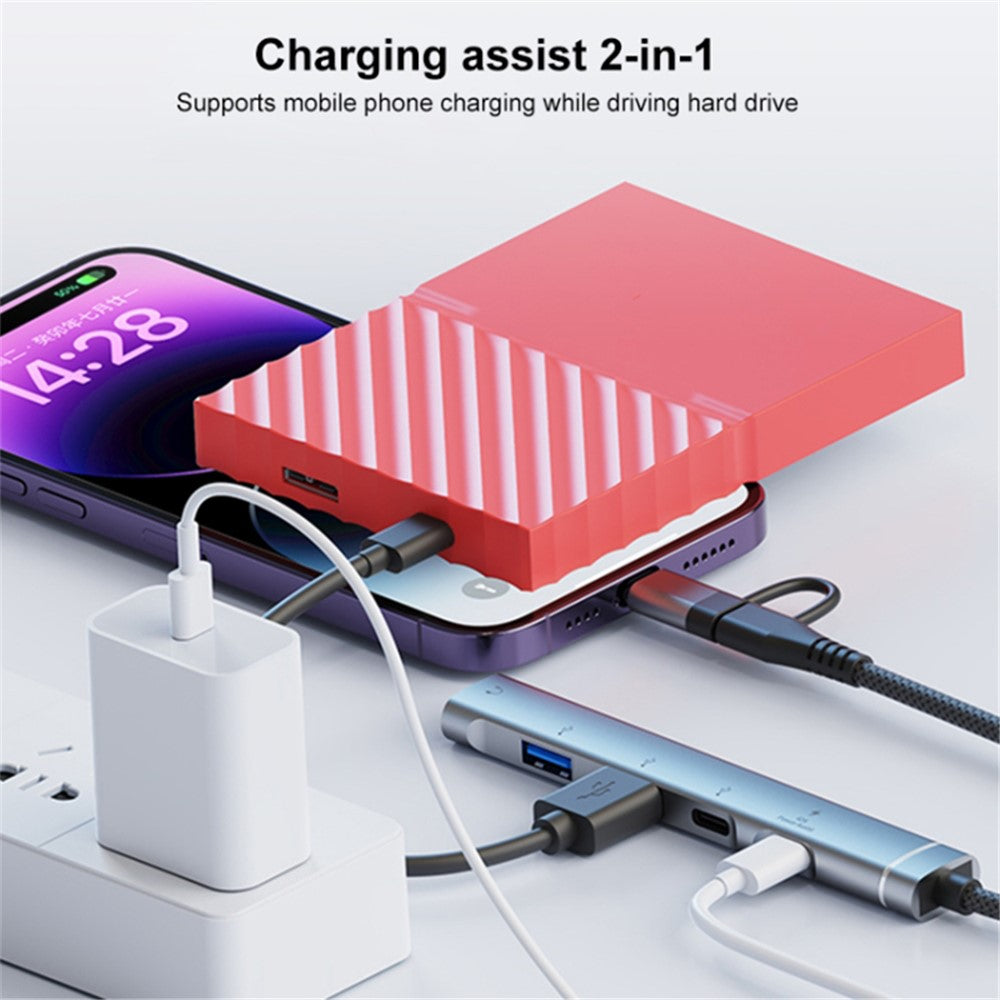 Type-C / 8-Pin 5-in-1 USB Hub Type-C Charging + Type-C Data + 2xUSB + 3.5mm Headphone Jack Adapter