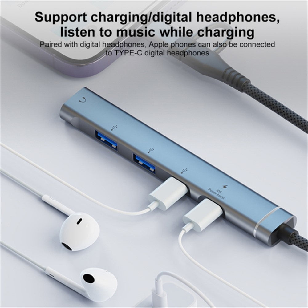 Type-C / 8-Pin 5-in-1 USB Hub Type-C Charging + Type-C Data + 2xUSB + 3.5mm Headphone Jack Adapter