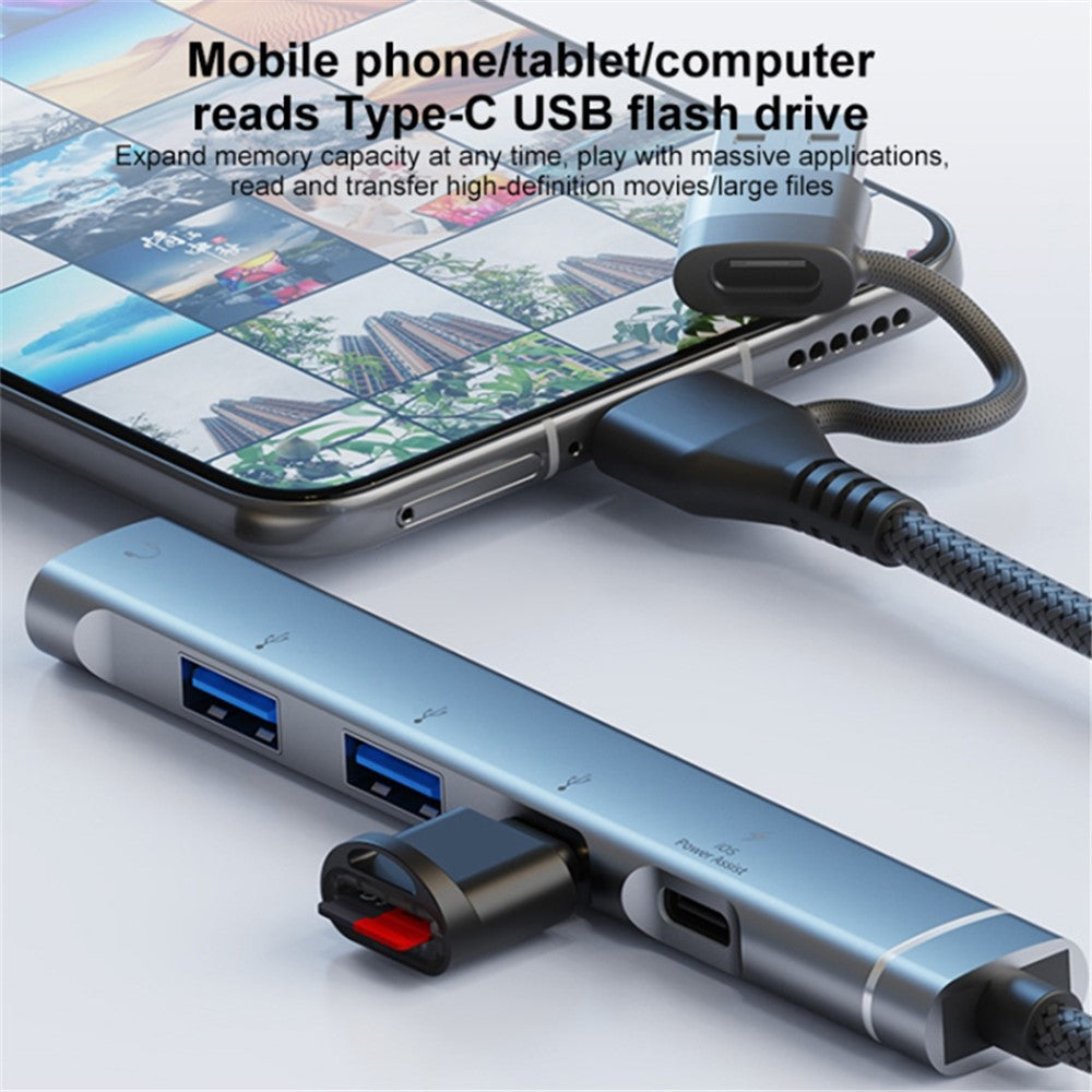 Type-C / 8-Pin 5-in-1 USB Hub Type-C Charging + Type-C Data + 2xUSB + 3.5mm Headphone Jack Adapter