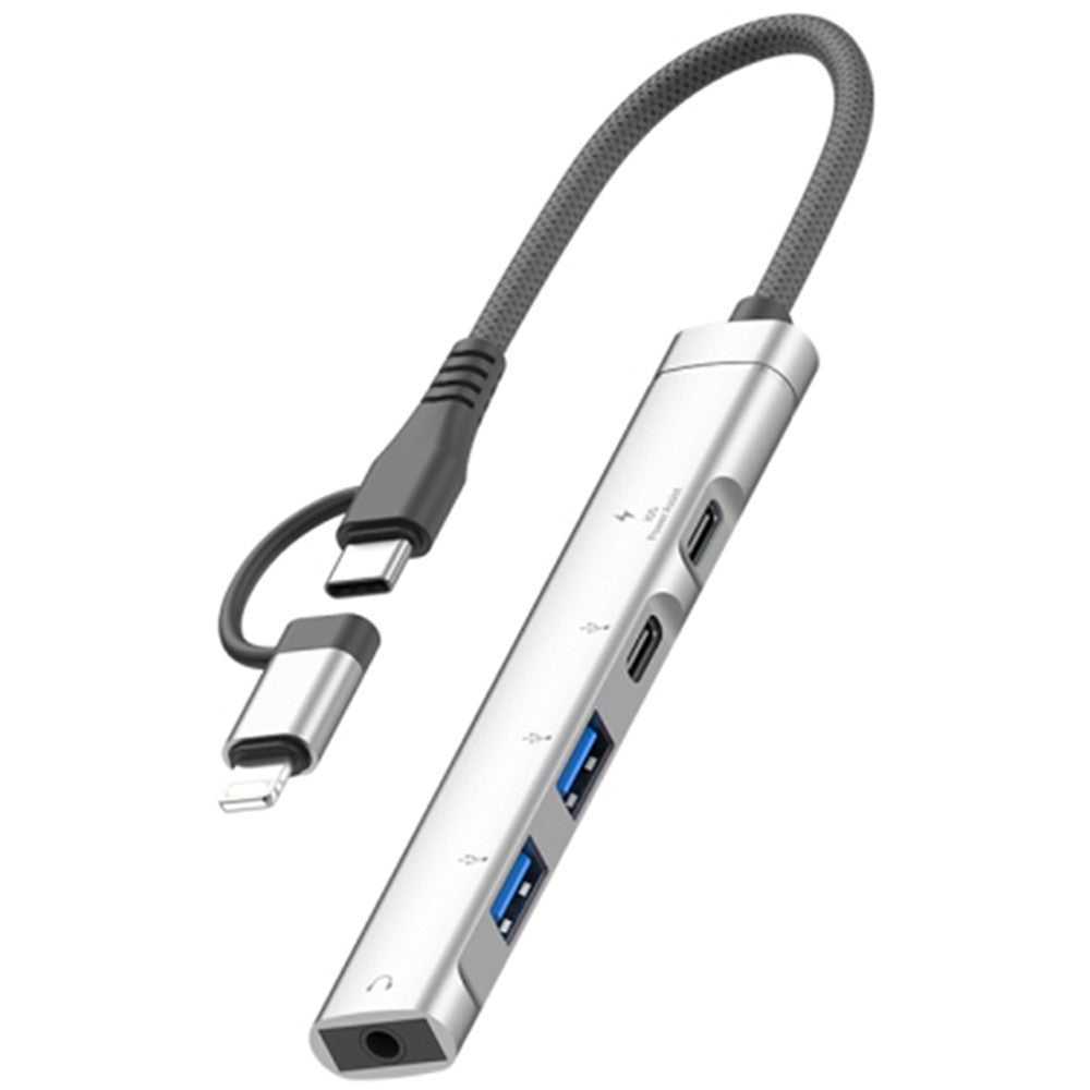 Type-C / 8-Pin 5-in-1 USB Hub Type-C Charging + Type-C Data + 2xUSB + 3.5mm Headphone Jack Adapter
