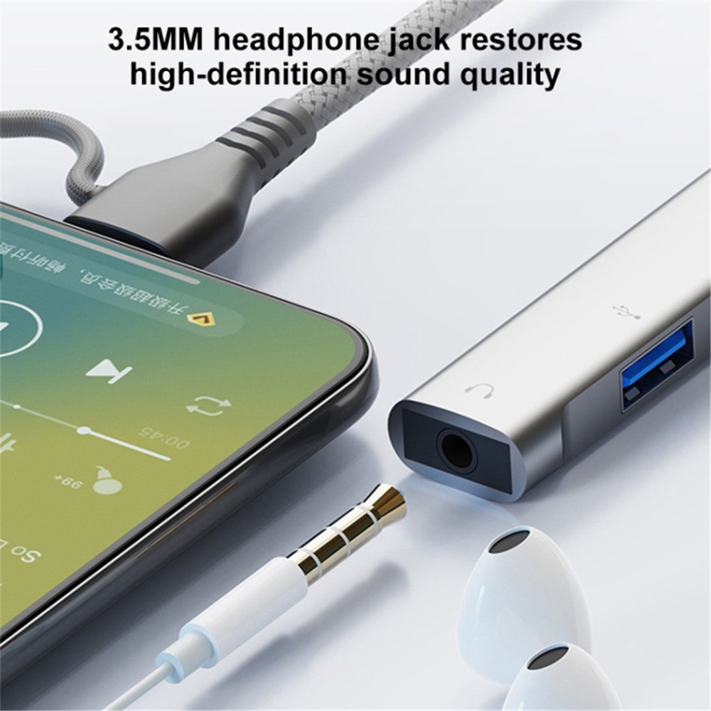 Type-C / USB-A 5-in-1 USB Hub Type-C Charging + Type-C Data + 2xUSB + 3.5mm Headset Jack Adapter