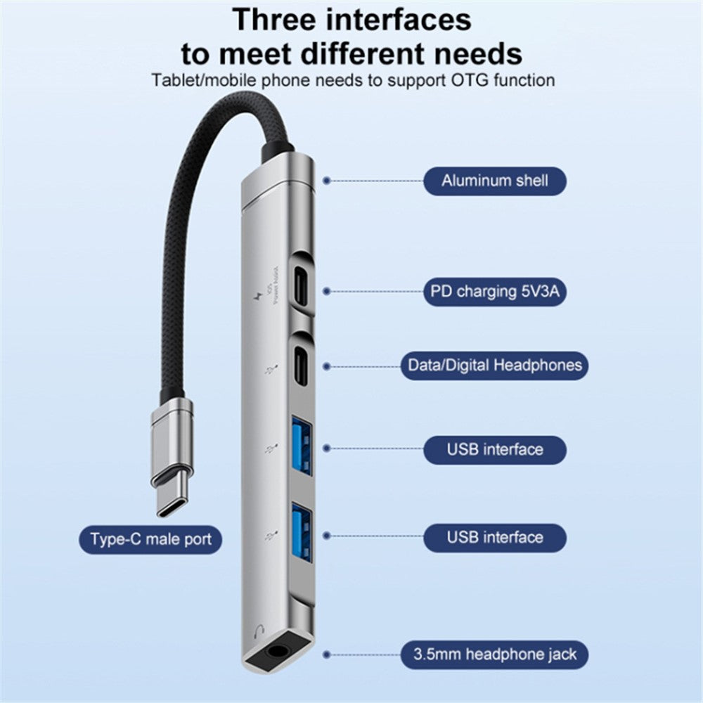 5-in-1 USB Hub Type-C to Type-C Charging + Type-C Data + 2 X USB2.0 + 3.5mm Headphone Jack Adapter