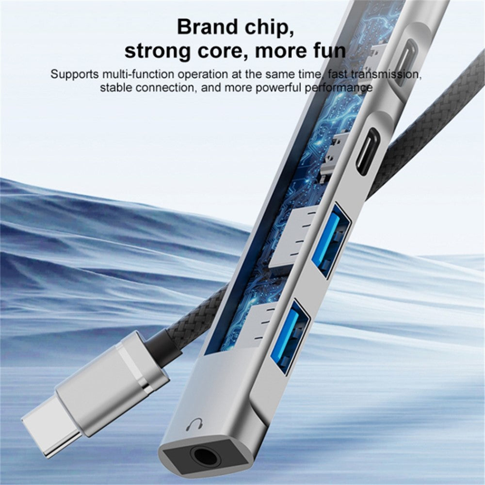 5-in-1 USB Hub Type-C to Type-C Charging + Type-C Data + 2 X USB2.0 + 3.5mm Headphone Jack Adapter