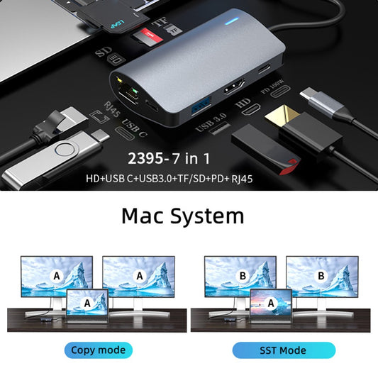 2395-07 USB-C Hub 7-Port Docking Station with 4K HD, 100W PD, USB 3.0, RJ45, SD / TF Card Reader