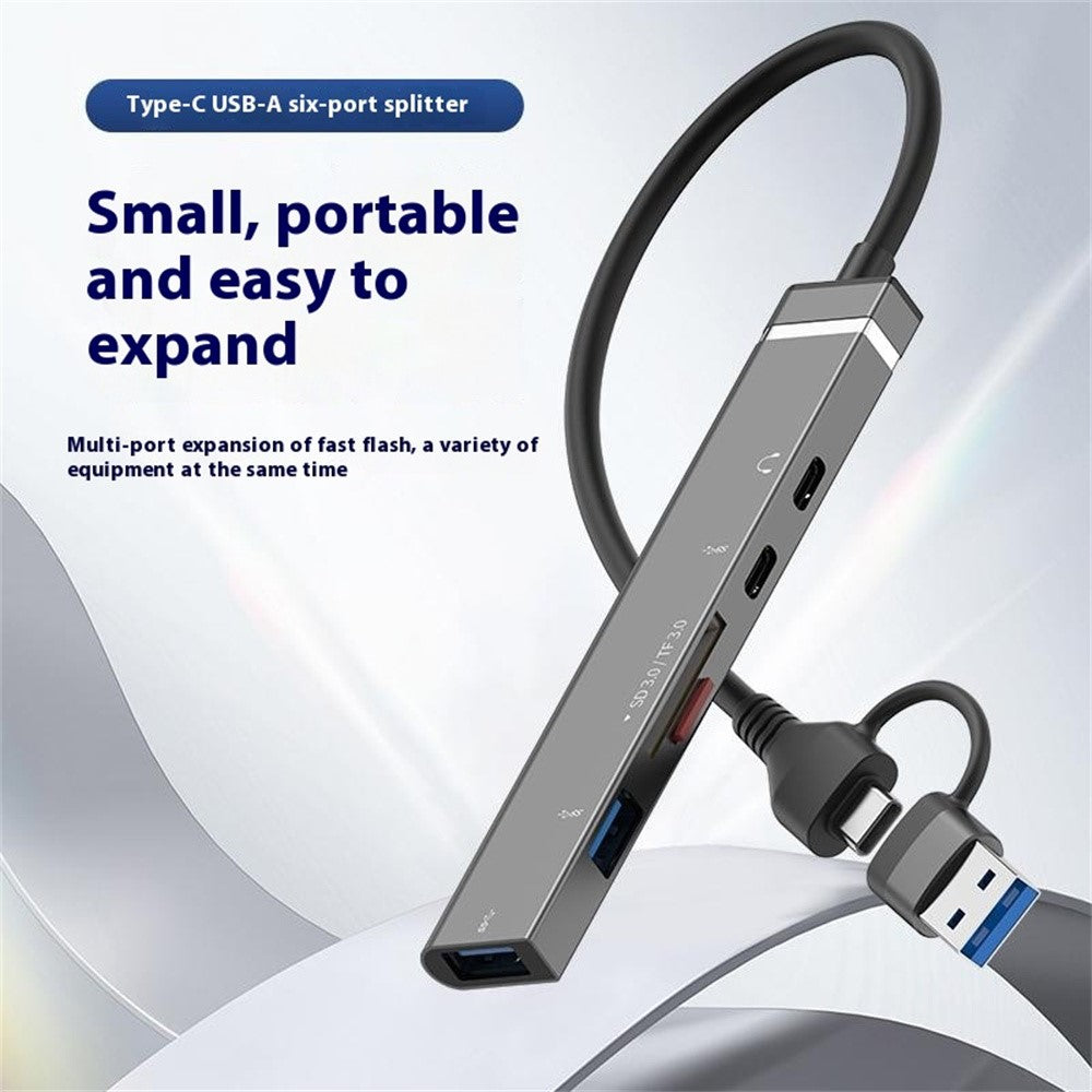 USB + Type-C 6-in-1 Hub Smartphones Tablets Computers Multi-Port Adapter OTG Card Reader