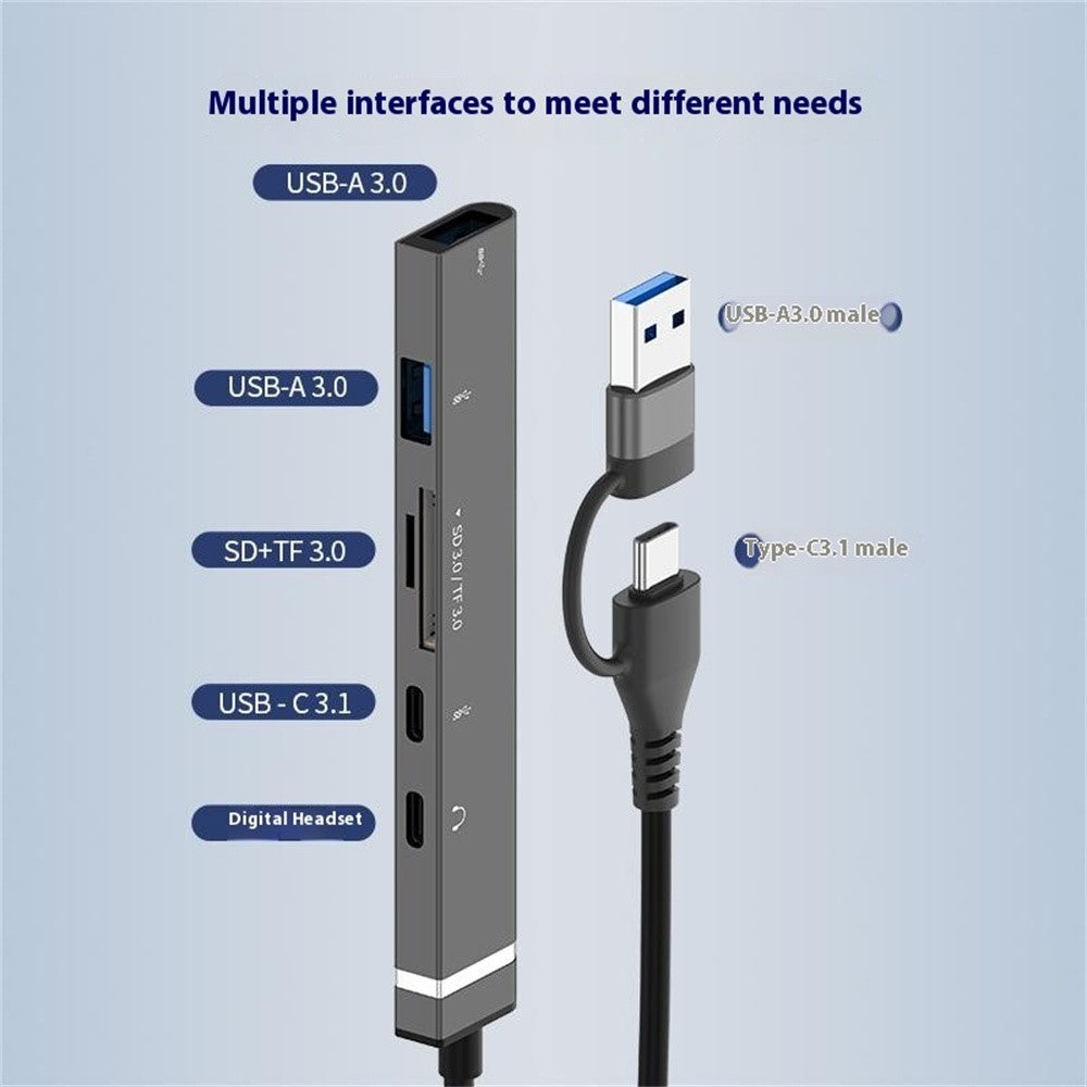 USB + Type-C 6-in-1 Hub Smartphones Tablets Computers Multi-Port Adapter OTG Card Reader