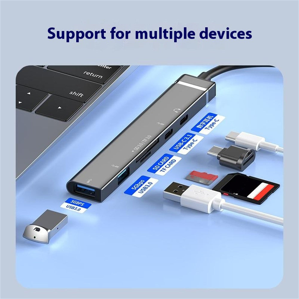 USB + Type-C 6-in-1 Hub Smartphones Tablets Computers Multi-Port Adapter OTG Card Reader