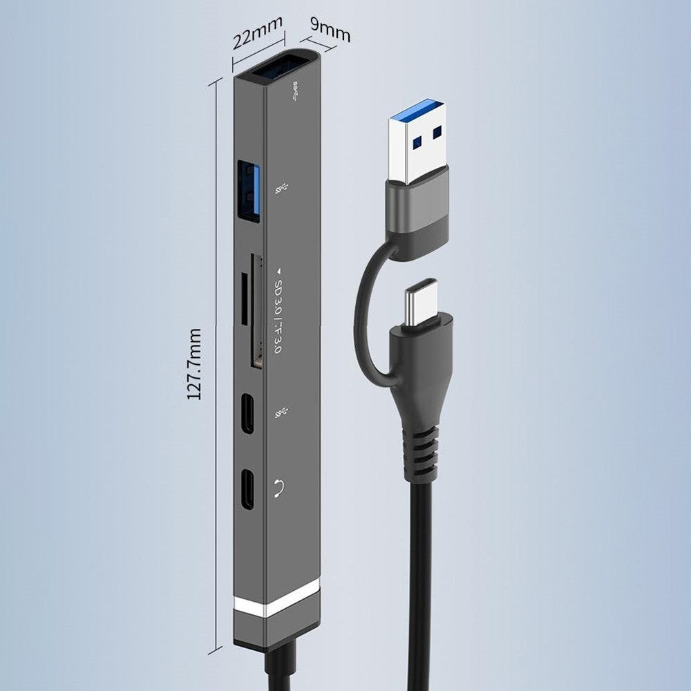 USB + Type-C 6-in-1 Hub Smartphones Tablets Computers Multi-Port Adapter OTG Card Reader