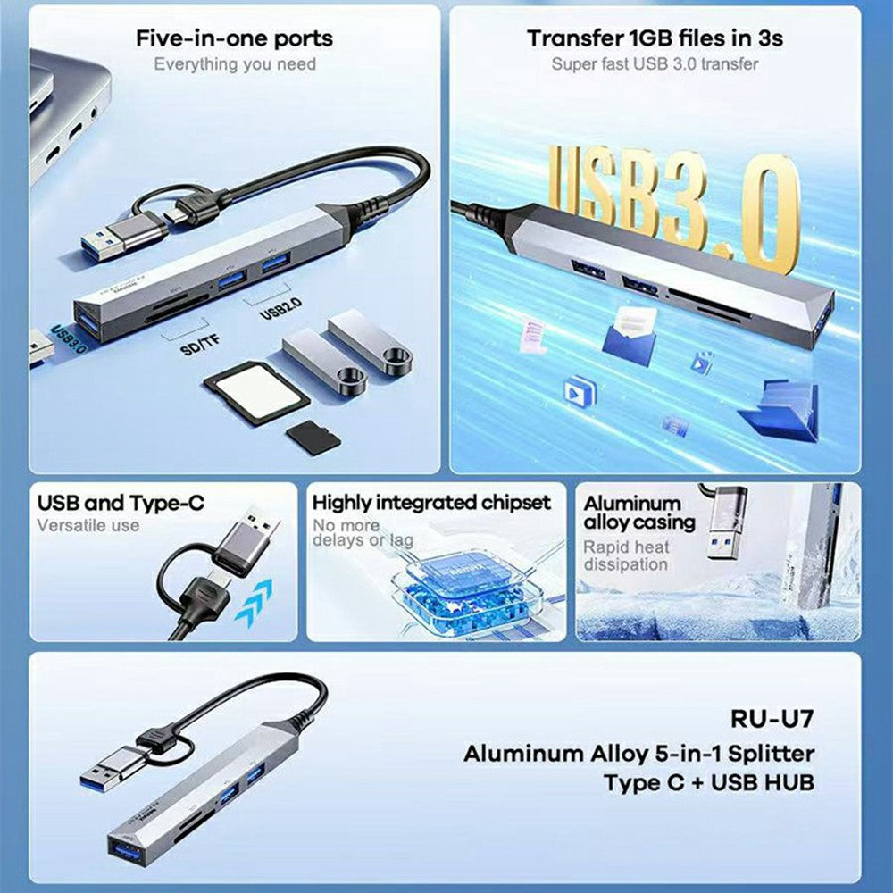 REMAX RU-U7 5 In 1 USB Hub Type-C Aluminum Alloy Multi-Port Adapter Splitter