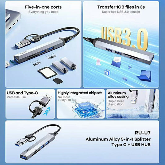 REMAX RU-U7 5 In 1 USB Hub Type-C Aluminum Alloy Multi-Port Adapter Splitter